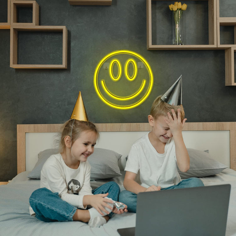 【We donate £1 for every £10 sold to aid Turkey】Smile Face Neon Sign Led Neon Light Wall Decor Smiley Face Light Up Signs USB Powered Yellow Neon Signs for Bedroom Kids Room Wedding Party Decoration