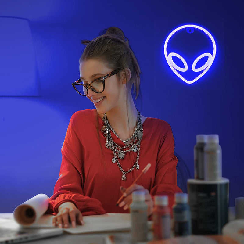 【We donate £1 for every £10 sold to aid Turkey】Alien Neon Sign, USB Powered Blue Alien Neon Lights, Cool Alien Light Neon Signs for Bedroom, Gaming Room